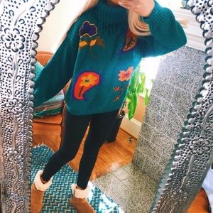 retro chunky embroidered colorful turquoise cowl